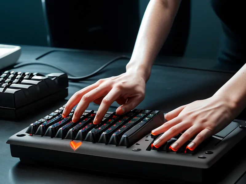 Nahaufnahme von Händen, die nachts verzweifelt an einer Tastatur tippen